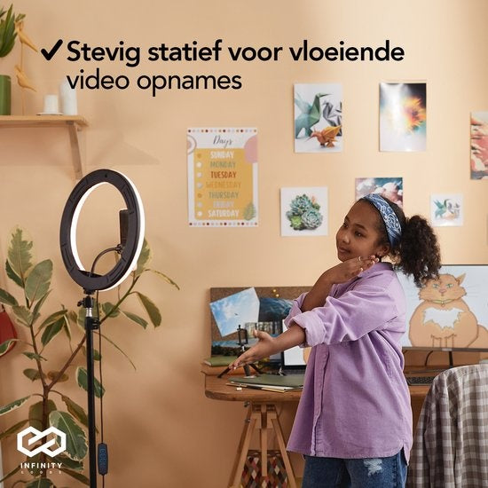 Infinity Goods Ring Light Met Statief - LED - 3 Kleuren - Verstelbaar Statief Tot 186m - Inclusief Stekker - Selfie Ringlight voor Tiktok / Instagram / Youtube / Streaming / Thuis Werken - Zwart
