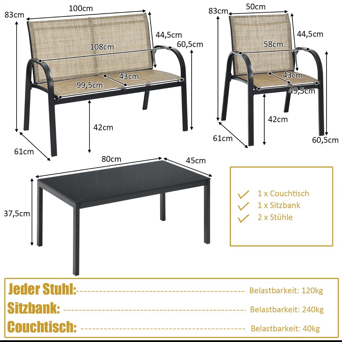 Coast 4-Delige Tuinmeubelset - Bank 2 Stoelen en Salontafel -Bruin - Metaal/Stof/Gehard Glas