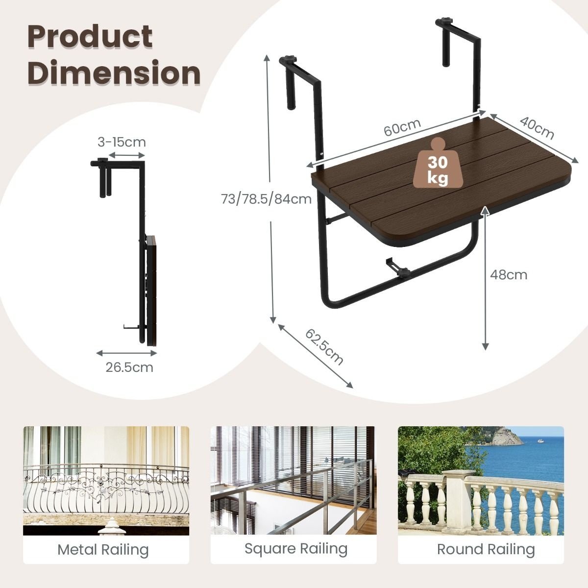 Coast Balkontafel - hangend - Max. 30 kg - Zwart / Bruin - 63 x 60 x 84 cm