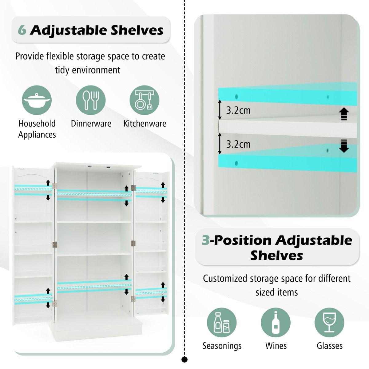 Coast – Voorraadkast Keukenkast – 60 x 40 x 120.5 cm & 17 Opbergplanken – Voorzien Van Verstelbare Planken En Kantelbeveiliging – Voor Keuken Eetkamer En Woonkamer – Wit Mdf En Metaal
