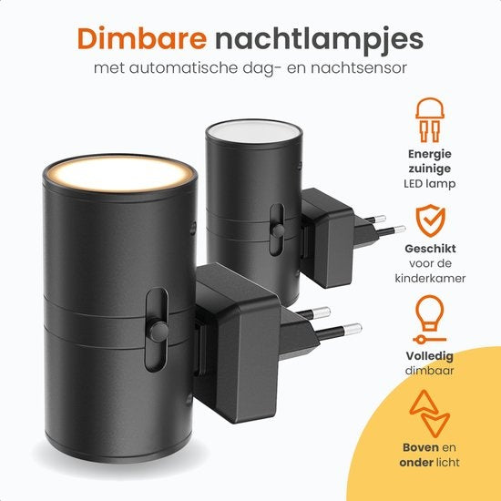 Goliving Nachtlampje Stopcontact - 2 stuks - Stekkerlampen - 10,7 x 9,3 cm - Volwassenen - Boven en Onder Verlichting - Dimbaar - Dag- en Nachtsensor - Stekkerspot - Zwart