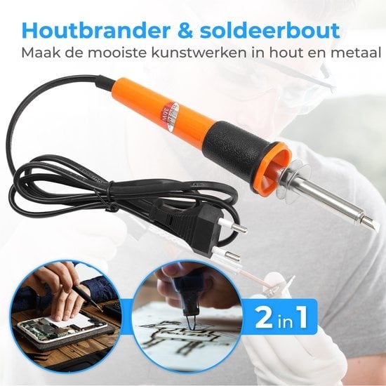 Nuvance - Houtbrander Set - Pyrografie voor Hobby - Soldeerbout - incl. 34 Opzetstukken & 2 Oefen Sjablonen - Soldeerset - Soldeer