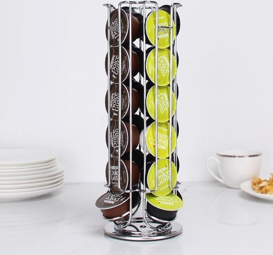 Zindoo Koffie Capsulehouder - Koffiecups standaard - 24 cups - Capsule - Dolce Gusto - Draaibaar - Koffie - Espresso - Metalen standaard - Anti-slip - Cup dispenser - Pad organizer - Zilverkleurig - Capsule houder koffie