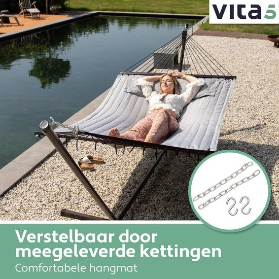 Vita5 Hangmat – 2-Persoons met Standaard – Draagvermogen 200 kg – 350 x 120 x 140 cm – Grijs