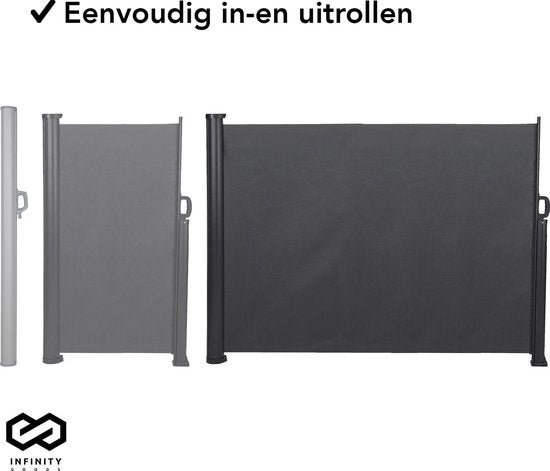 Infinity Goods Verstelbaar Windscherm – 300 x 160 cm – Uitrekbaar – Inrolbaar – Zonnewering – Buitenruimtes, Strand, Patio, Balkon, Camping - Beschutting – Zijkant Luifel – Weerbestendig - Antraciet