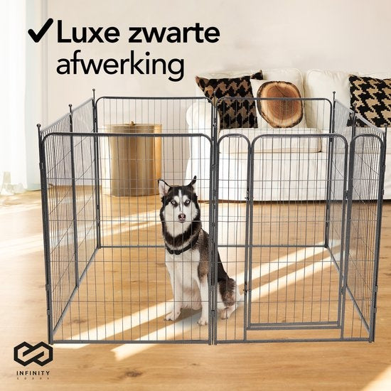 Infinity Goods Hondenren - Puppyren - 8 Panelen - 100 x 80 CM - Opvouwbaar - Met Deur - Staal - Zwart
