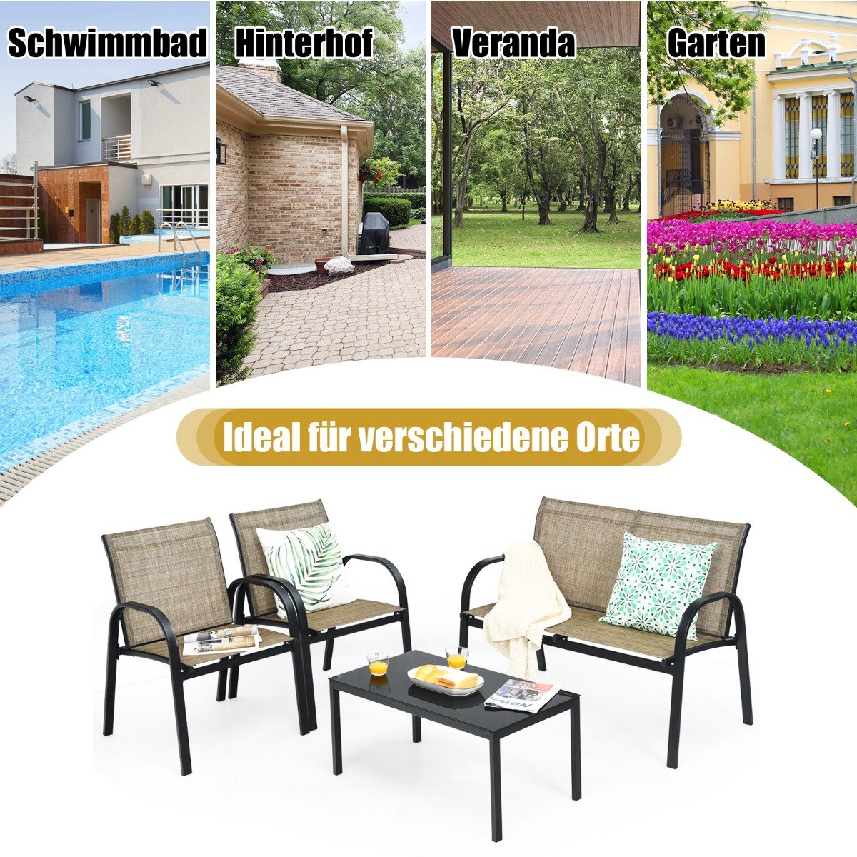 Coast 4-Delige Tuinmeubelset - Bank 2 Stoelen en Salontafel -Bruin - Metaal/Stof/Gehard Glas