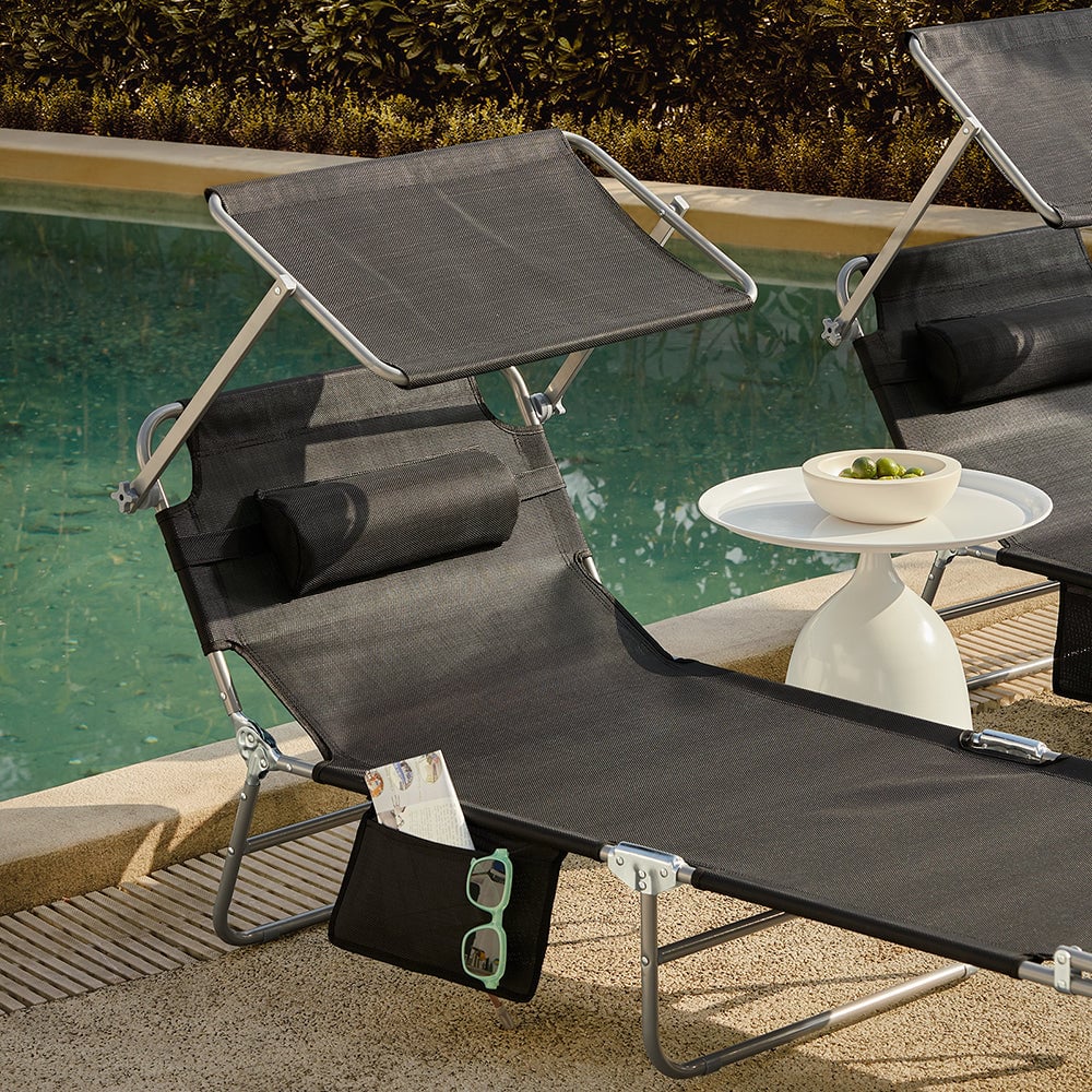 SoBuy OGS48-SCHx2 Set van 2 Ligstoelen - met Hoofdsteun - Opvouwbaar - 198 x 63 x 65 cm - Zwart