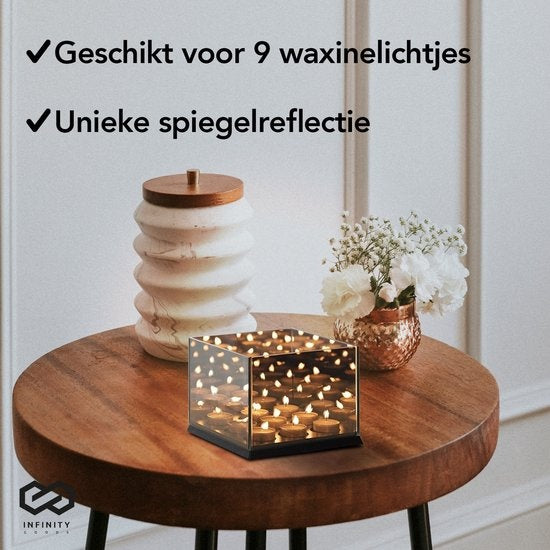 Infinity Goods Waxinelichthouder - Theelichthouder - 9 Waxinelichtjes - Reflecterend Spiegel Glas - Kaarsenhouder - Zwart