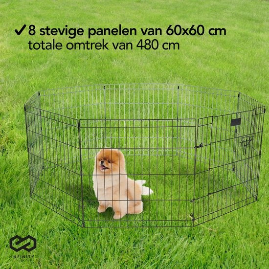 Infinity Goods Puppyren - Hondenren - 8 Panelen - 60 x 60 CM - 480 CM Omtrek - Opvouwbaar - Met Deur - Konijnenren - Zwart