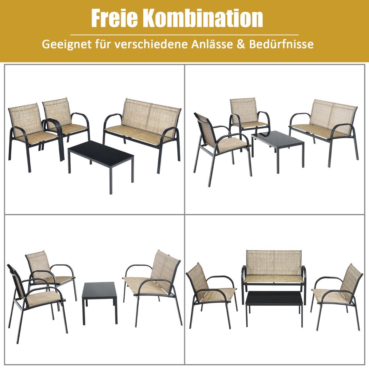 Coast 4-Delige Tuinmeubelset - Bank 2 Stoelen en Salontafel -Bruin - Metaal/Stof/Gehard Glas
