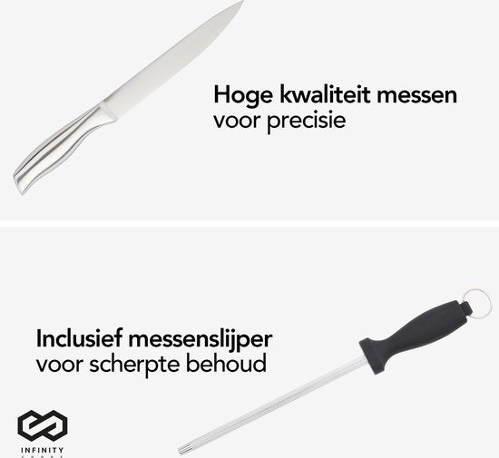Infinity Goods Messenset - Messenblok - 16 Delig - Met Blok, Messenslijper En Schaar - Krasbestendig - RVS - Zilver/Zwart