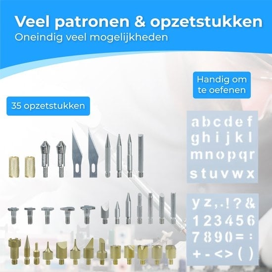 Nuvance - Houtbrander Set - Pyrografie voor Hobby - Soldeerbout - incl. 34 Opzetstukken & 2 Oefen Sjablonen - Soldeerset - Soldeer