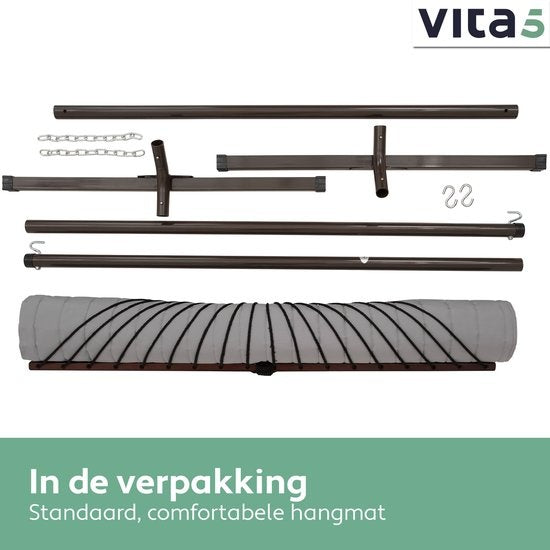 Vita5 Hangmat – 2-Persoons met Standaard – Draagvermogen 200 kg – 350 x 120 x 140 cm – Grijs