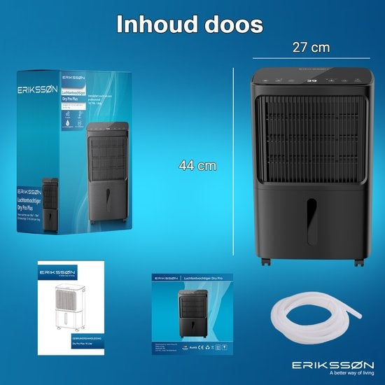Erikssøn Luchtontvochtiger – 16L/Dag, Ingebouwde Hygrometer, 185W – 27,5 x 19,5 x 44 cm – Zwart