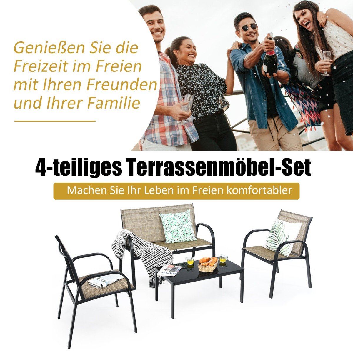 Coast 4-Delige Tuinmeubelset - Bank 2 Stoelen en Salontafel -Bruin - Metaal/Stof/Gehard Glas
