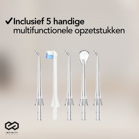 Infinity Goods Waterflosser - Monddouche - Elektrisch Flosapparaat - Draadloos En Oplaadbaar - 5 Opzetstukken - Zwart