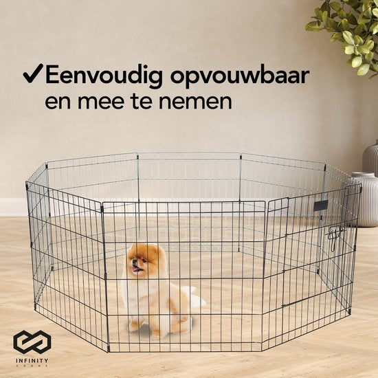 Infinity Goods Puppyren - Hondenren - 8 Panelen - 60 x 60 CM - 480 CM Omtrek - Opvouwbaar - Met Deur - Konijnenren - Zwart