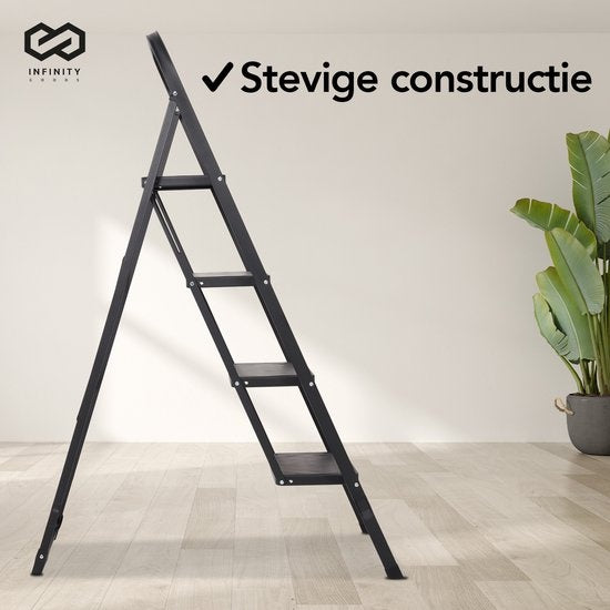 Infinity Goods Stevige Huishoudtrap 4 Treden - Keukentrap Inklapbaar - Anti-Slip - Trap Ladder - Opvouwbaar - Metaal - Zwart