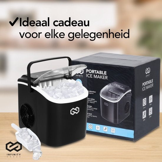 Infinity Goods IJsblokjesmachine - 1,3L - Met IJsschep - Zelfreinigingsfunctie - 12KG / 24U - 9 Blokjes / 6 Min - Zwart