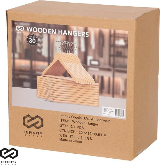 Infinity Goods 30 Houten Kledinghangers - Kleerhanger - Inkeping en Broeklat - Metalen Haak - Volwassenen - Bruin