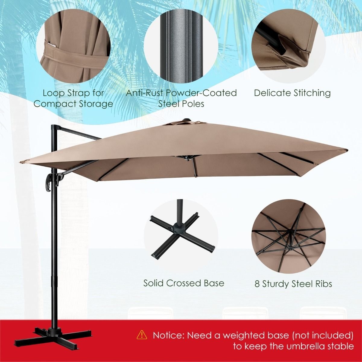 Coast Zweefparasol - Kantelbaar - 300 x 300 x 273 cm - Koffiebruin