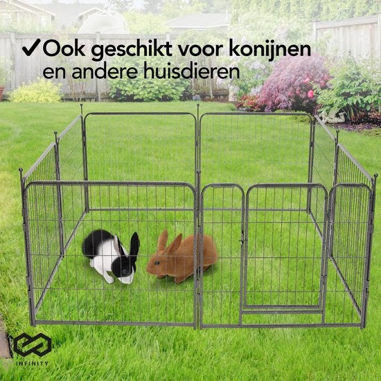 Infinity Goods Hondenren - Puppyren - 8 Panelen - 80 x 80 CM - 640 CM Omtrek - Opvouwbaar - Met Deur - Staal - Zwart