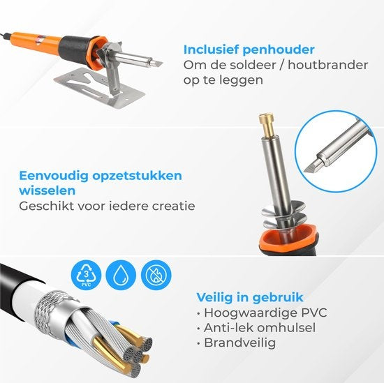 Nuvance - Houtbrander Set - Pyrografie voor Hobby - Soldeerbout - incl. 34 Opzetstukken & 2 Oefen Sjablonen - Soldeerset - Soldeer