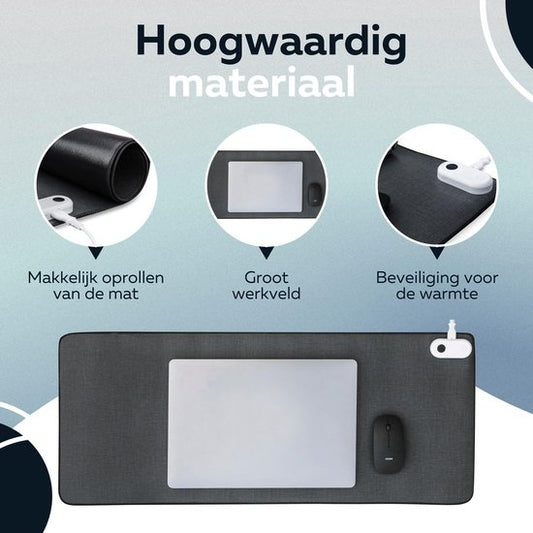 WURK Professionele Verwarmde Bureau Onderlegger - 30℃ tot 50℃ - Bureau Organizer - Inclusief Kabel Clip - Zwart - 80x33