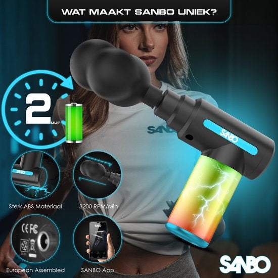 Sanbo Massage Gun Mini - Sport en Relax Massage apparaat - Krachtig - Draadloos - Inclusief Koffer - Met 5 opzetstukken - Zwart/Blauw - Massage Pistool Professioneel