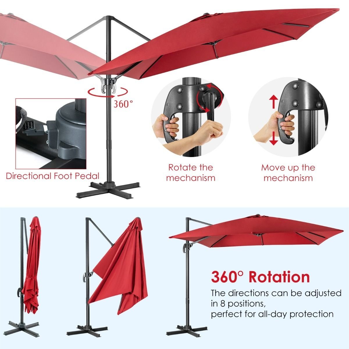 Coast Zweefparasol - Kantelbaar - 300 x 300 x 273 cm - Wijnrood