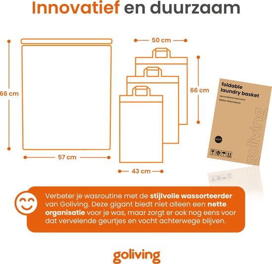 Goliving Wassorteerder 3 Vakken - 150L - Opvouwbare Wasmand Met Deksel - 3 Uitneembare Zakken Met Kleurlabels - 57 x 37 x 66 cm - Zwart