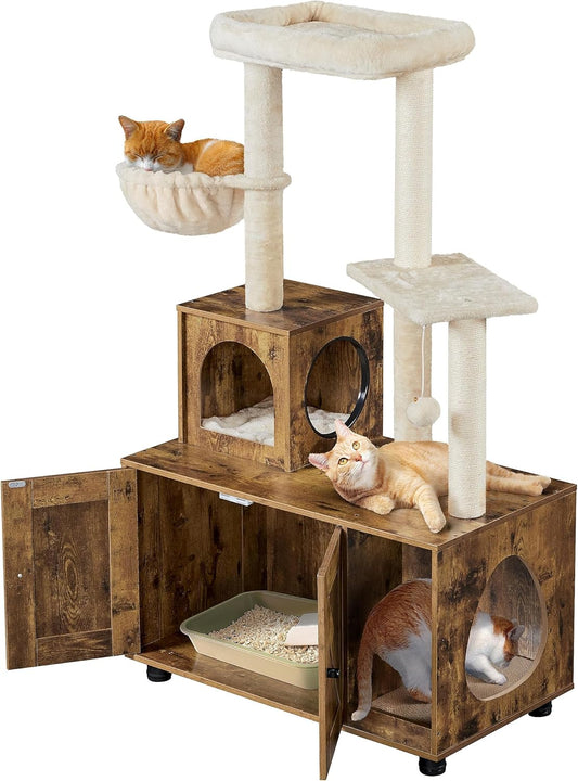 Yaheetech Kattenboom - 134,5 cm Krabpaal met Kattenbak - Holletje en Ligkom - Vintage Bruin-Beige
