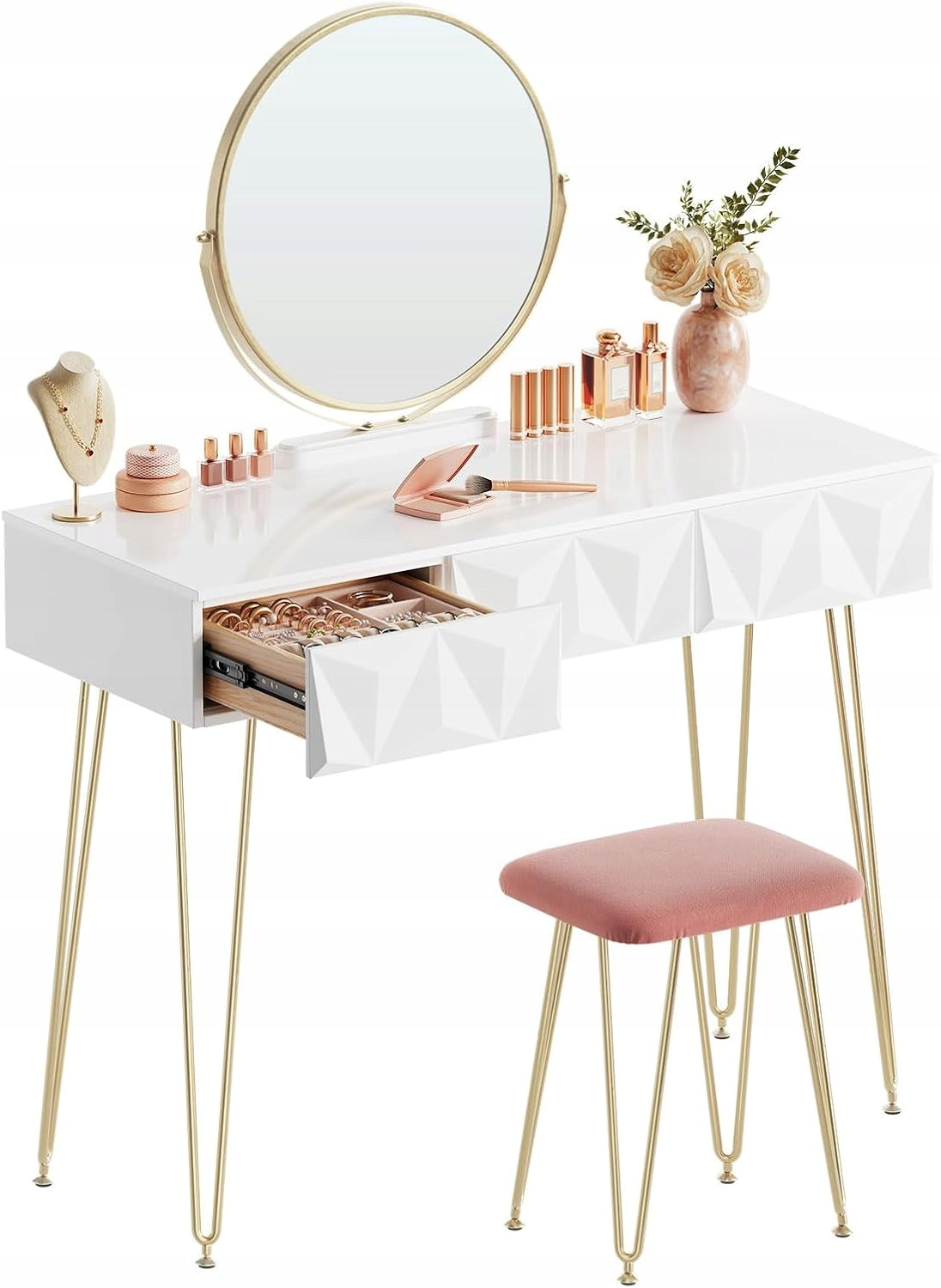 Kochamy Meble Kaptafel met 3D-Spiegel en Kruk - Wit - 106 x 79 x 40 cm
