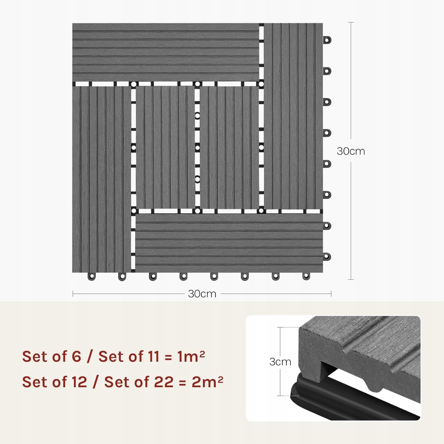 Woltu Terrastegels Set van 11 - Grijs - 30 x 30 cm