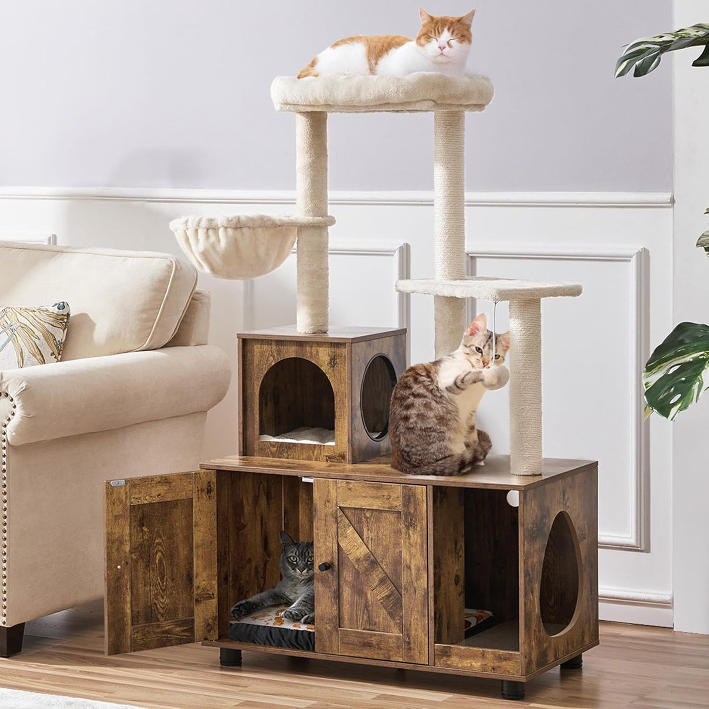 Yaheetech Kattenboom - 134,5 cm Krabpaal met Kattenbak - Holletje en Ligkom - Vintage Bruin-Beige