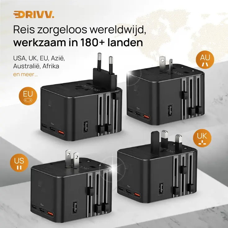 Drivv. Universele Wereldstekker USB-C 45W - voor 180+ Landen - 3x USB-C & 2x USB-A - Compacte Reisadapter