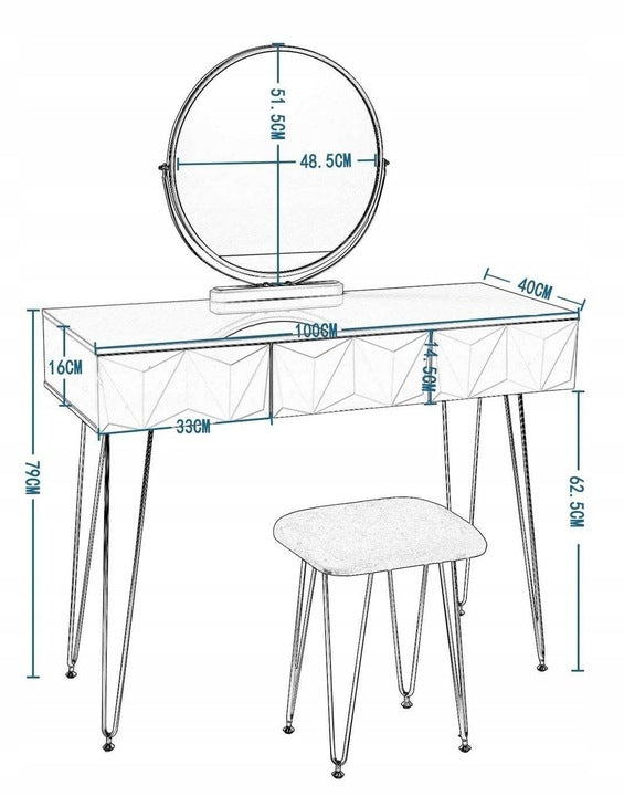 Kochamy Meble Kaptafel met 3D-Spiegel en Kruk - Wit - 106 x 79 x 40 cm