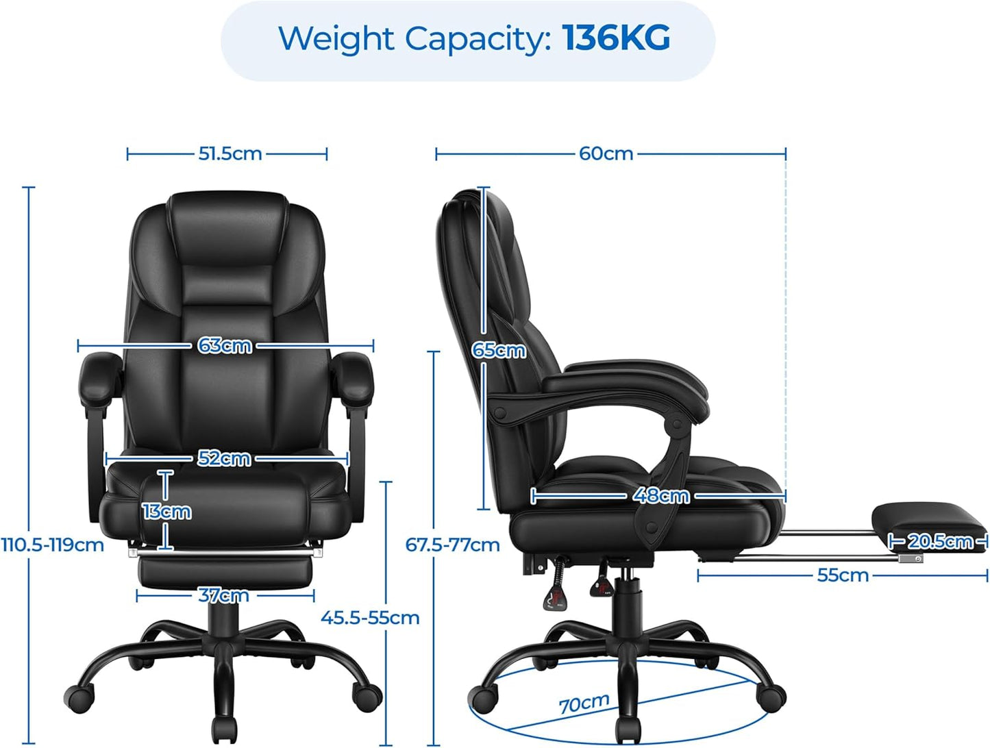Yaheetech Ergonomische Directiestoel - Met Uitschuifbare Voetsteun - Hoge Rugleuning - Zwart