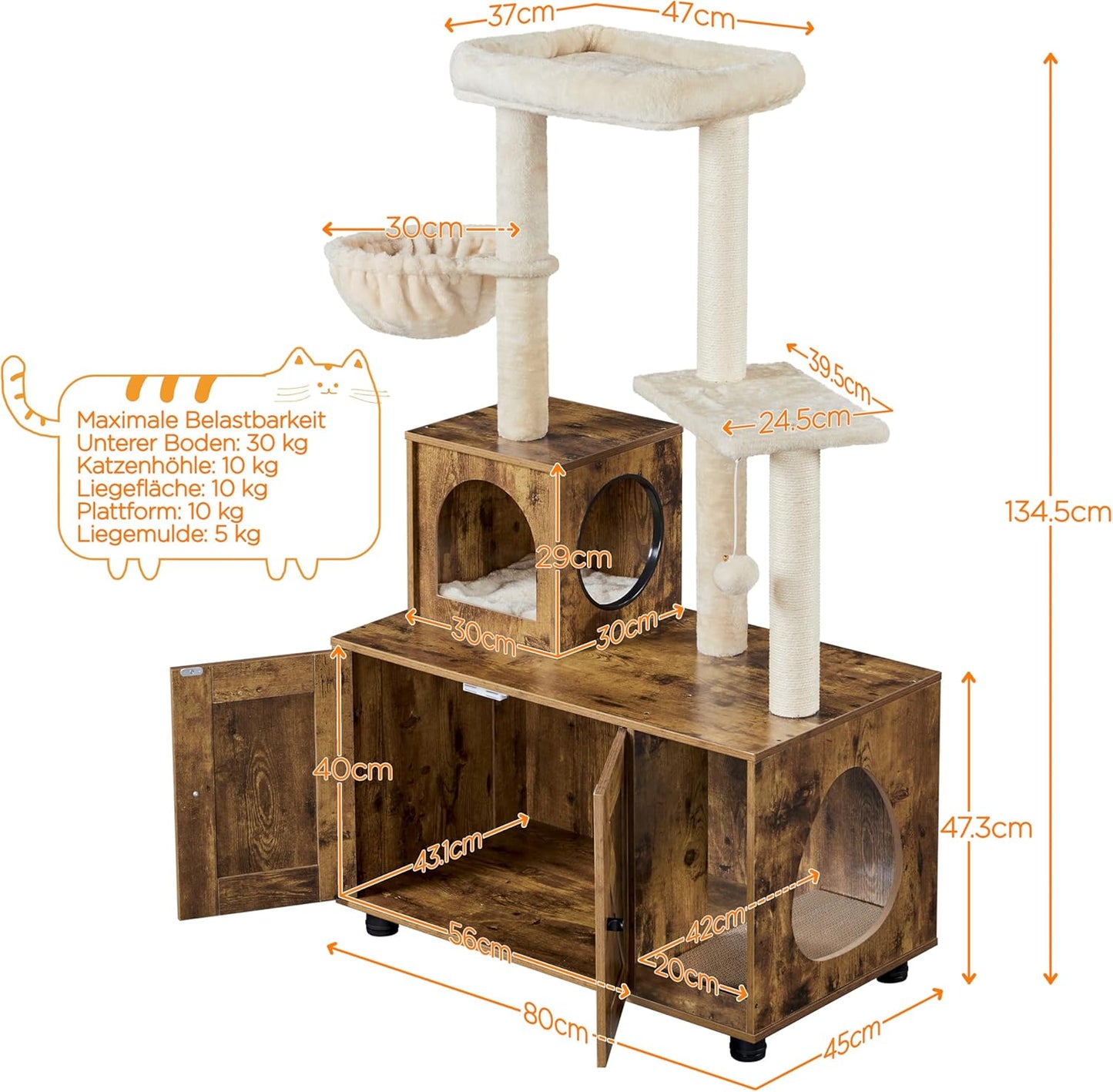 Yaheetech Kattenboom - 134,5 cm Krabpaal met Kattenbak - Holletje en Ligkom - Vintage Bruin-Beige