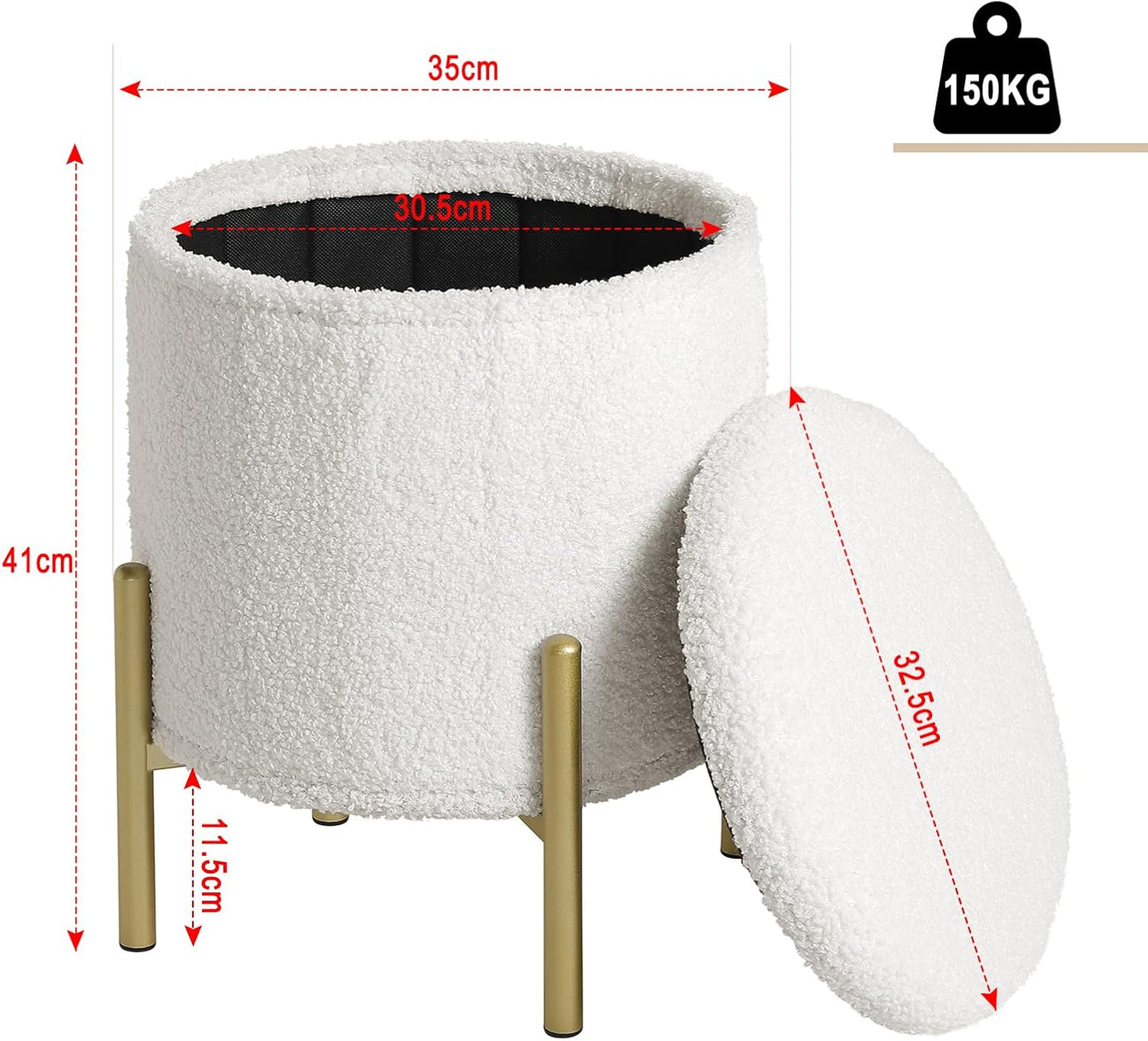 eSituro Opbergkruk Rond - Teddyfleece Wit - 35 x 41 cm