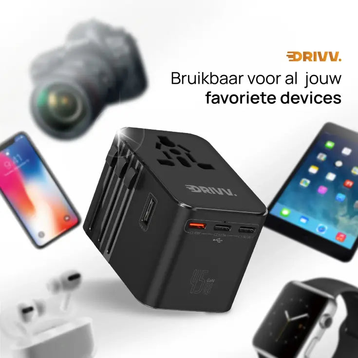 Drivv. Universele Wereldstekker USB-C 45W - voor 180+ Landen - 3x USB-C & 2x USB-A - Compacte Reisadapter