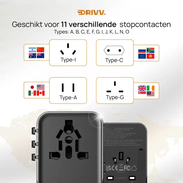 Drivv. Universele Wereldstekker USB-C 45W - voor 180+ Landen - 3x USB-C & 2x USB-A - Compacte Reisadapter