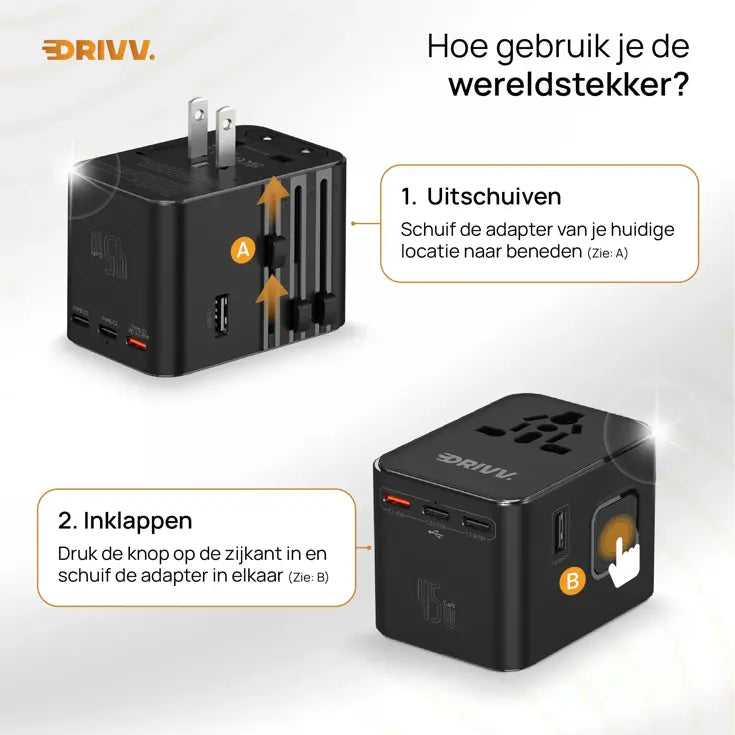 Drivv. Universele Wereldstekker USB-C 45W - voor 180+ Landen - 3x USB-C & 2x USB-A - Compacte Reisadapter