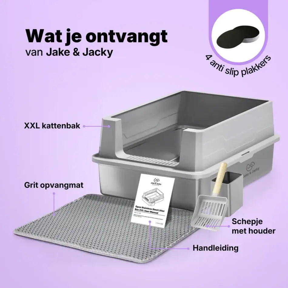 Jake & Jacky RVS Kattenbak Open XXL - voor Grote Katten - Incl. Kattenbakschep met Houder en Gritopvang Mat