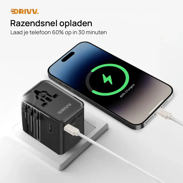 Drivv. Universele Wereldstekker USB-C 45W - voor 180+ Landen - 3x USB-C & 2x USB-A - Compacte Reisadapter