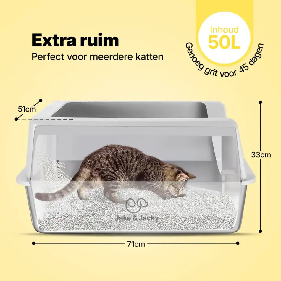 Jake & Jacky RVS Kattenbak Open XXL - voor Grote Katten - Incl. Kattenbakschep met Houder en Gritopvang Mat