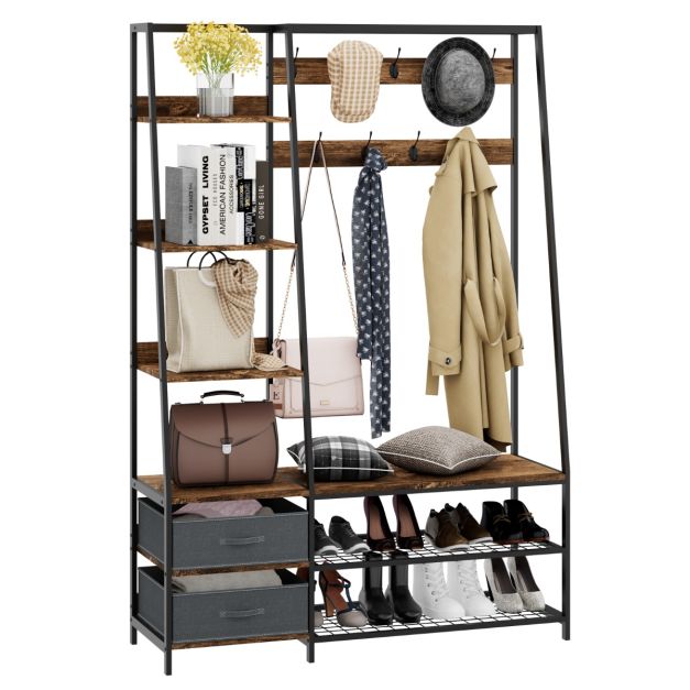 Coast industriële garderobe met schoenbank voor de ingang 122x40x180 cm rustiek bruin