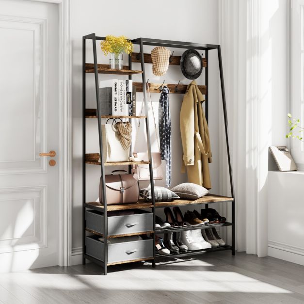 Coast industriële garderobe met schoenbank voor de ingang 122x40x180 cm rustiek bruin