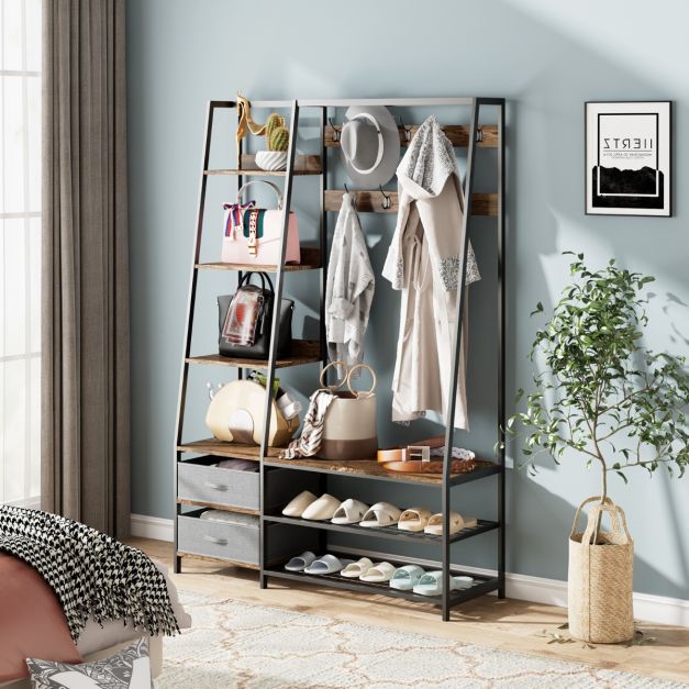 Coast industriële garderobe met schoenbank voor de ingang 122x40x180 cm rustiek bruin